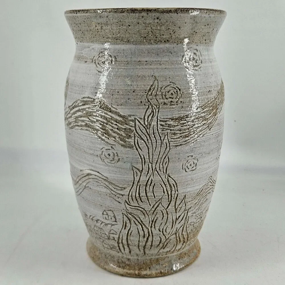 Hand made artist signed pottery folk art style vase fire smoke village scene